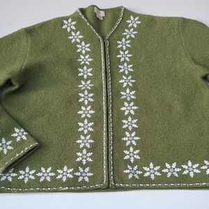 Alps Wool Sweater Embroidered Snowflake Full Zip Green